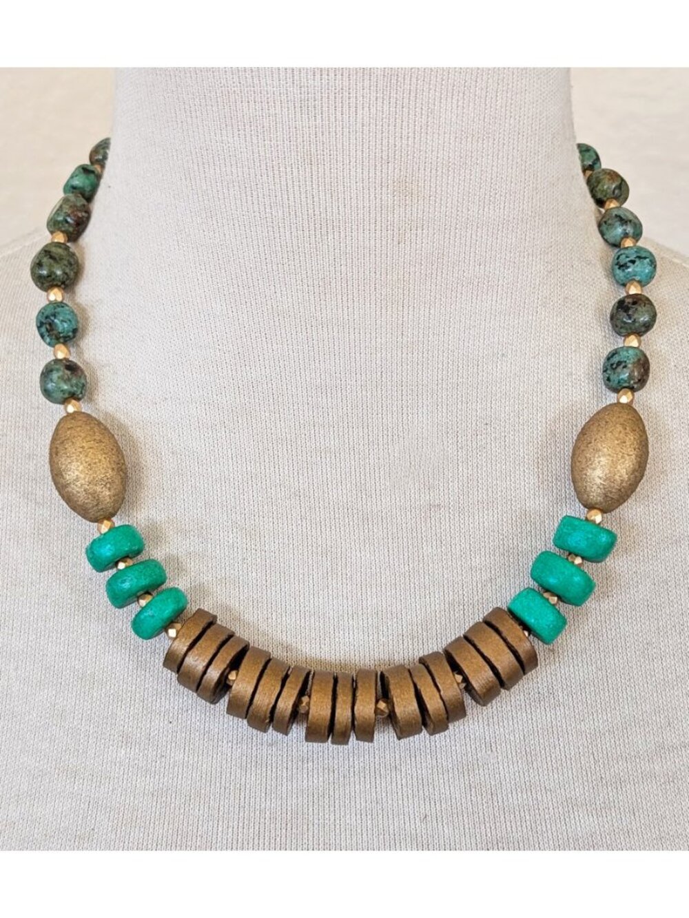 Boho African Turquoise Jasper & Metallic Gold Wood Statement Necklace